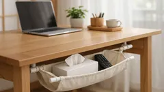 100均つっぱり棒で完成 机裏ハンモック収納でデスクが広がる